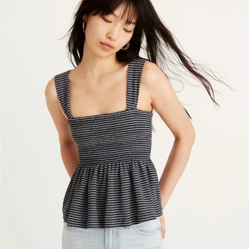 Madewell Texture and Thread Smocked Peplum Tank Navy/ White - size M
